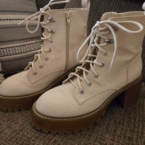 Cream Combat Boots with Chunky Heel and Rugged Sole
